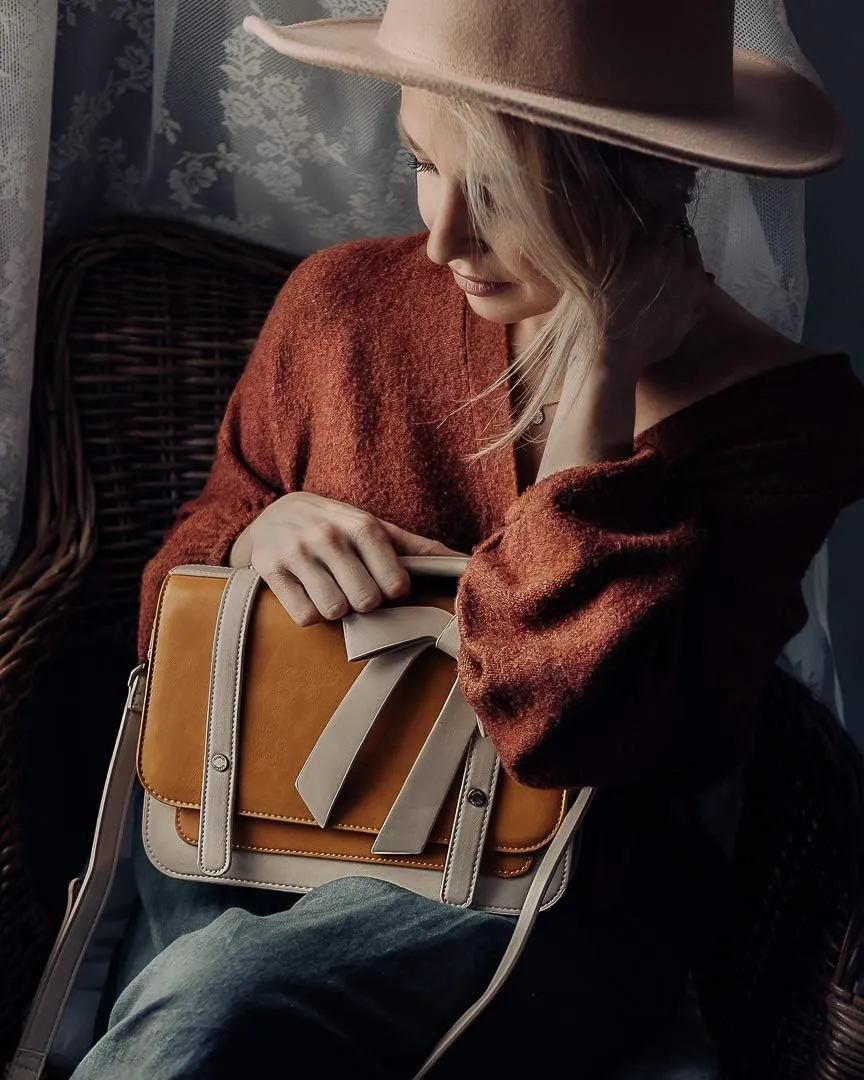 ECOSUSI Small Crossbody Bags Vintage Satchel Work Bag Vegan Leather Shoulder Bag with Detachable Bow