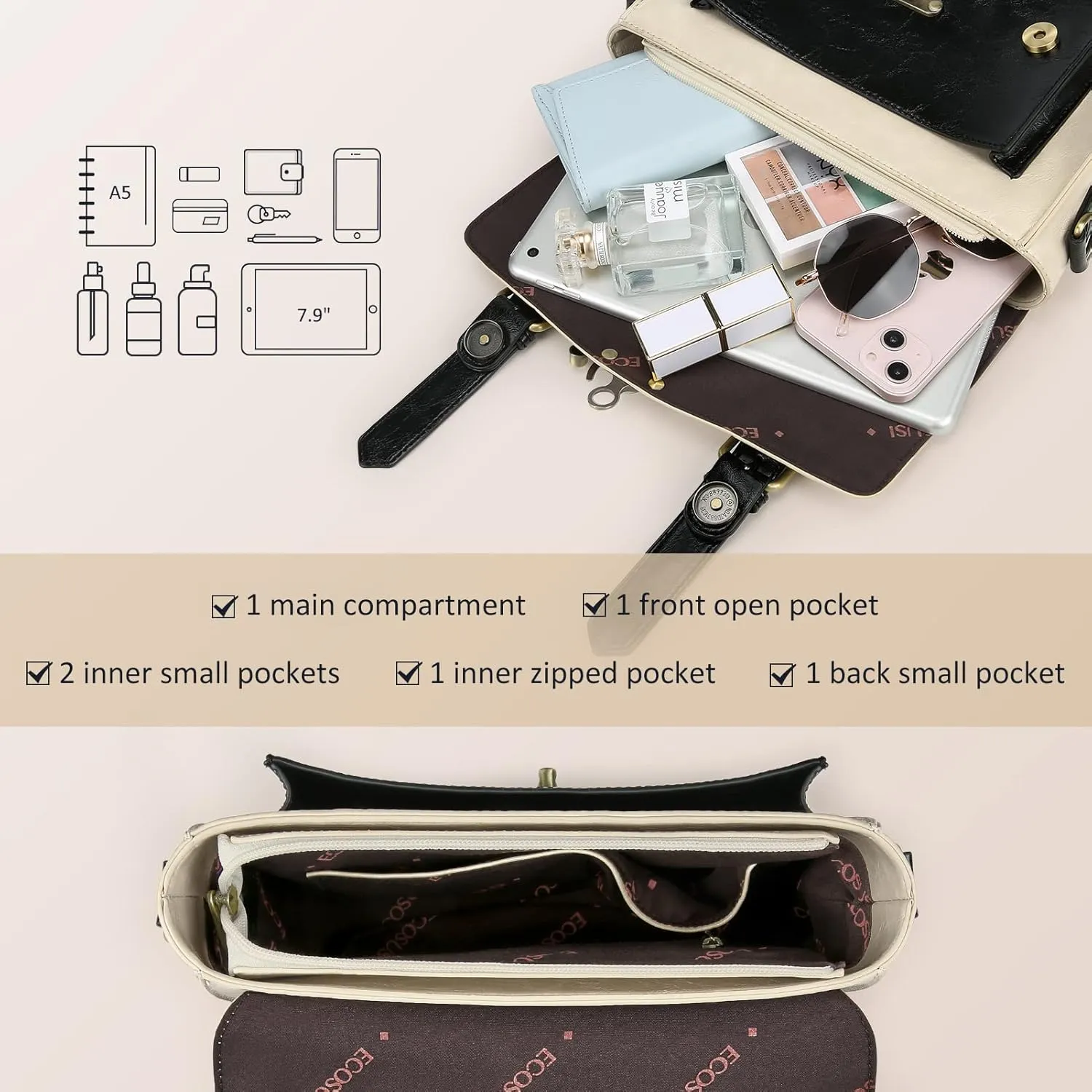 ECOSUSI Women PU Leather Satchel Purse Vintage Small College Crossbody Messenger Bag Work Cross-body Bag