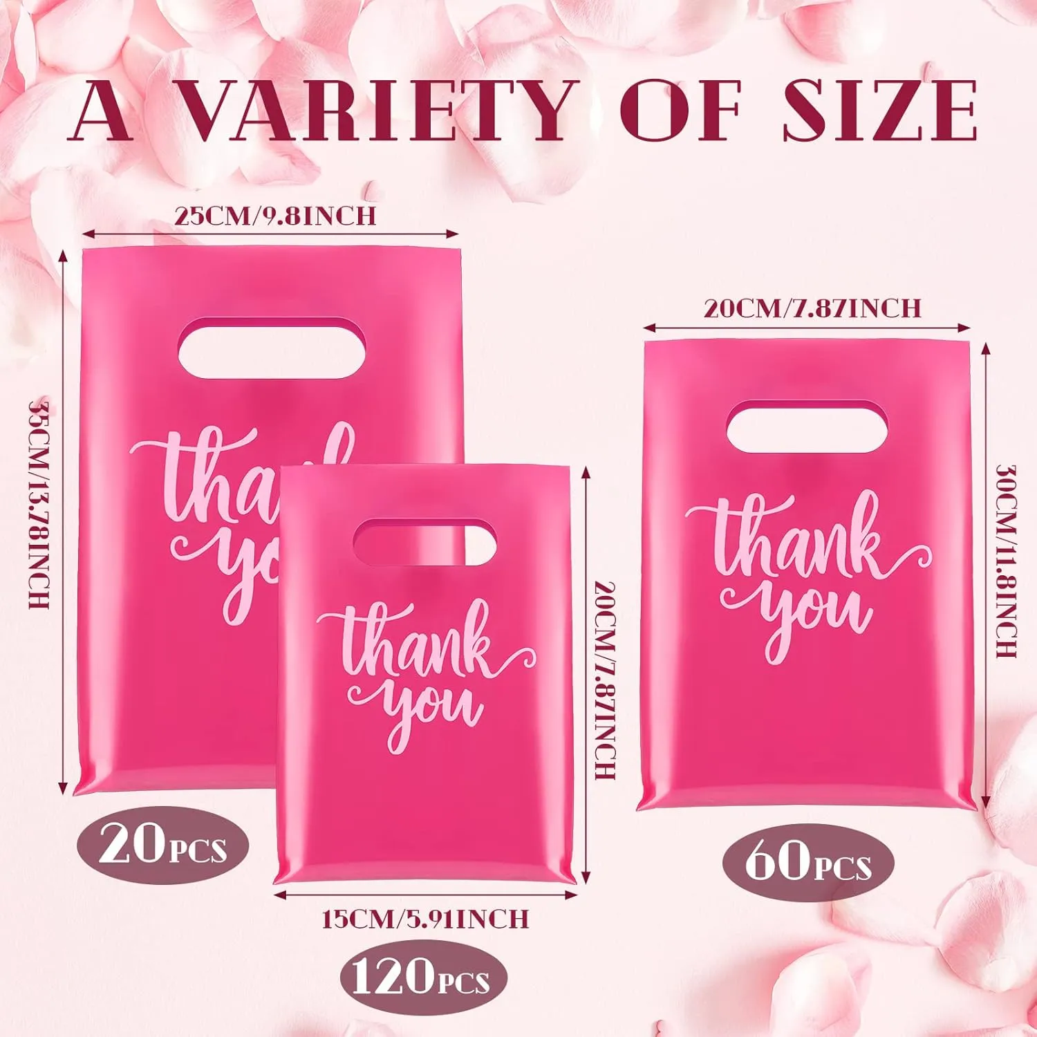 Eersida 200 Pcs Thank You Plastic Bags with Handles Die Cut Plastic Shopping Merchandise Bags Bulk 3 Sizes Retail Grocery Shopping Pack for Small Business Goodie Wedding Party(Pink)