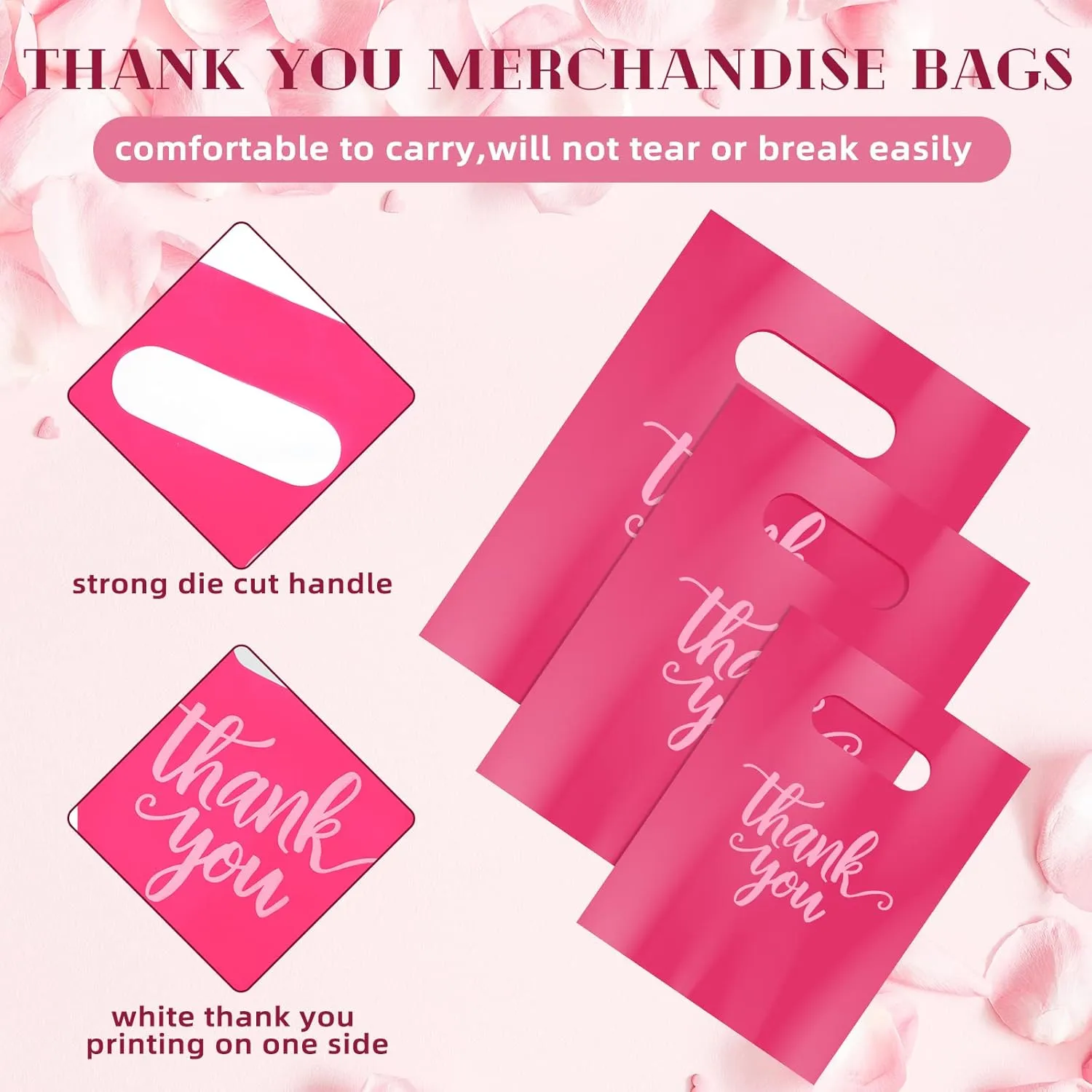 Eersida 200 Pcs Thank You Plastic Bags with Handles Die Cut Plastic Shopping Merchandise Bags Bulk 3 Sizes Retail Grocery Shopping Pack for Small Business Goodie Wedding Party(Pink)