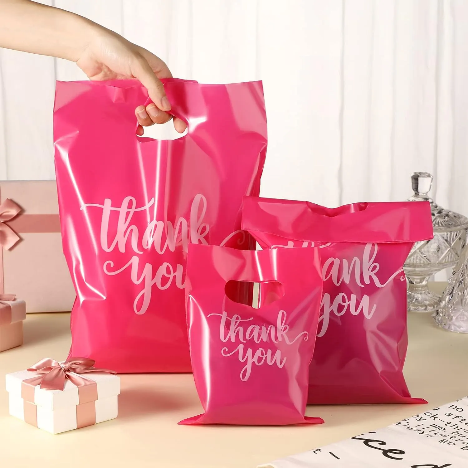 Eersida 200 Pcs Thank You Plastic Bags with Handles Die Cut Plastic Shopping Merchandise Bags Bulk 3 Sizes Retail Grocery Shopping Pack for Small Business Goodie Wedding Party(Pink)