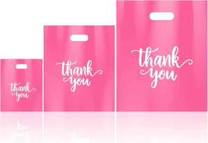 Eersida 200 Pcs Thank You Plastic Bags with Handles Die Cut Plastic Shopping Merchandise Bags Bulk 3 Sizes Retail Grocery Shopping Pack for Small Business Goodie Wedding Party(Pink)
