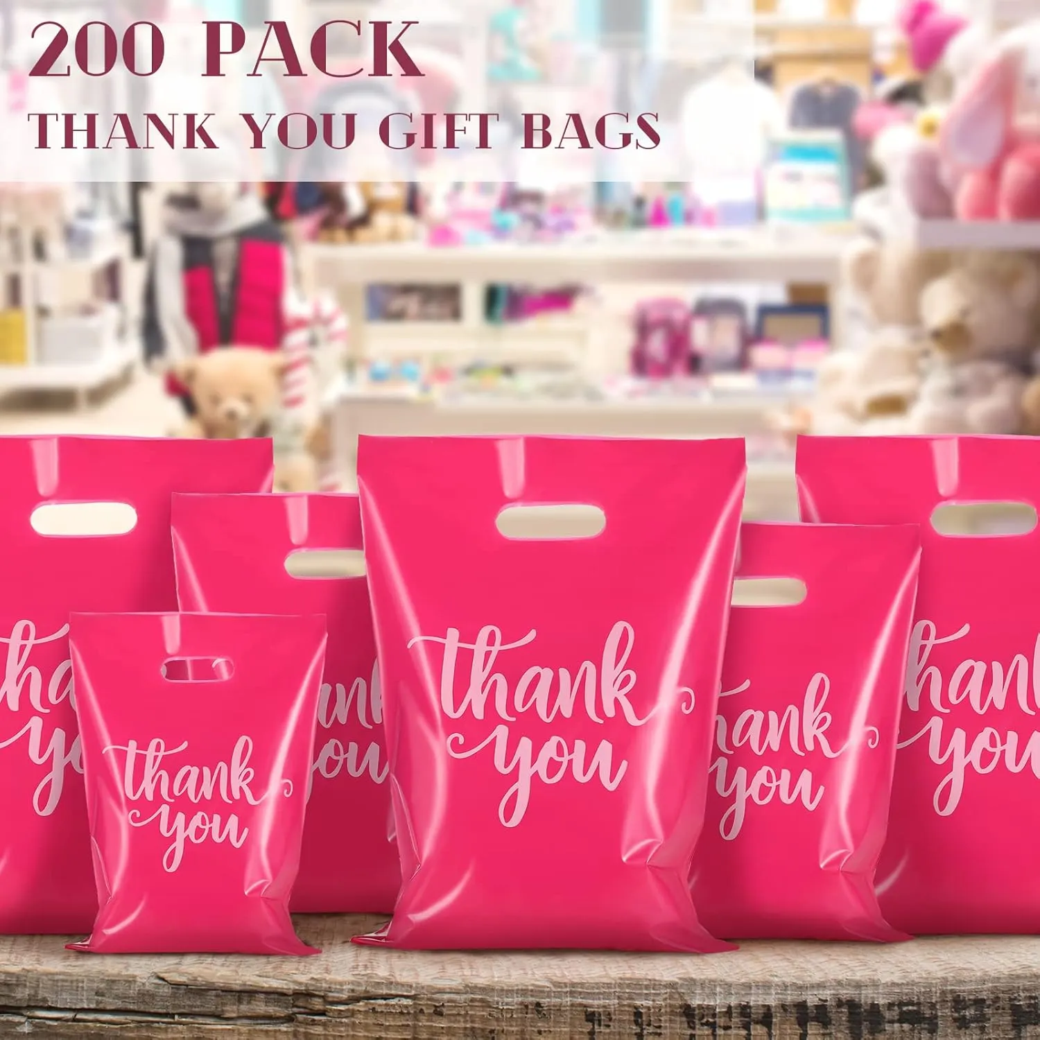 Eersida 200 Pcs Thank You Plastic Bags with Handles Die Cut Plastic Shopping Merchandise Bags Bulk 3 Sizes Retail Grocery Shopping Pack for Small Business Goodie Wedding Party(Pink)