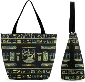 Egyptian Hieroglyphs Gold Blue Marble Large Fashion Totes Bag Women's Casual Purses Work Handbags Shopping Bag