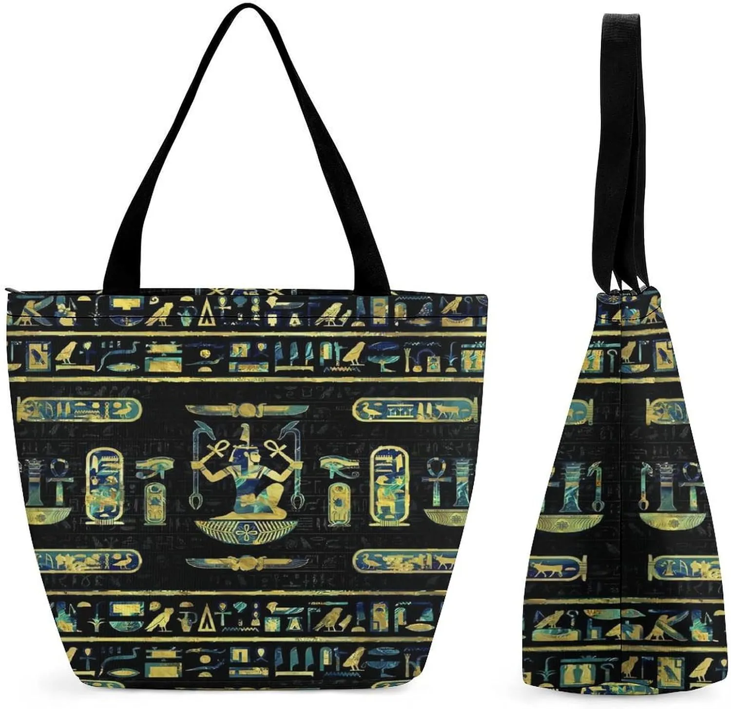 Egyptian Hieroglyphs Gold Blue Marble Large Fashion Totes Bag Women's Casual Purses Work Handbags Shopping Bag