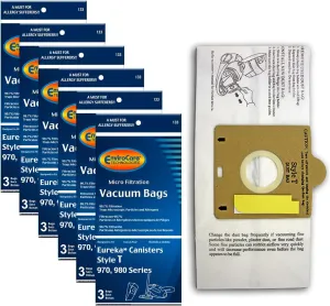 EnviroCare Replacement Vacuum Bags for Eureka Style T filter bags fit the Eureka 970 canister vacuum series. 18 Bags