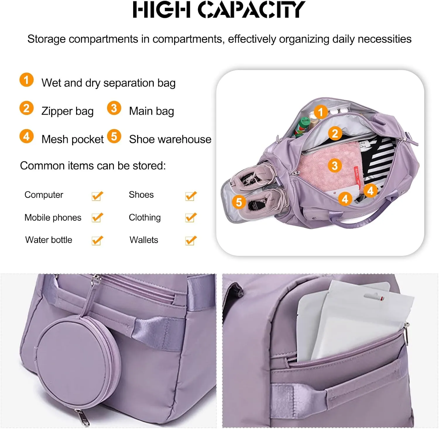 Ergocar Travel Duffel Bags Women, Large Capacity Men Travel Totes with Shoe Bag, Fashion Waterproof Sports Gym Tote Bag, Carry on Bag Weekender Overnight Bag, Black