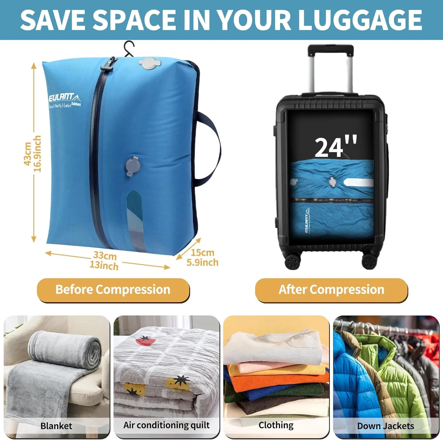 EULANT Reusable Vacuum Bags for Travel,Waterproof Professional IP67 Reusable Vacuum Compression Bags for Backpack Travel and business trip Space Saver Bags
