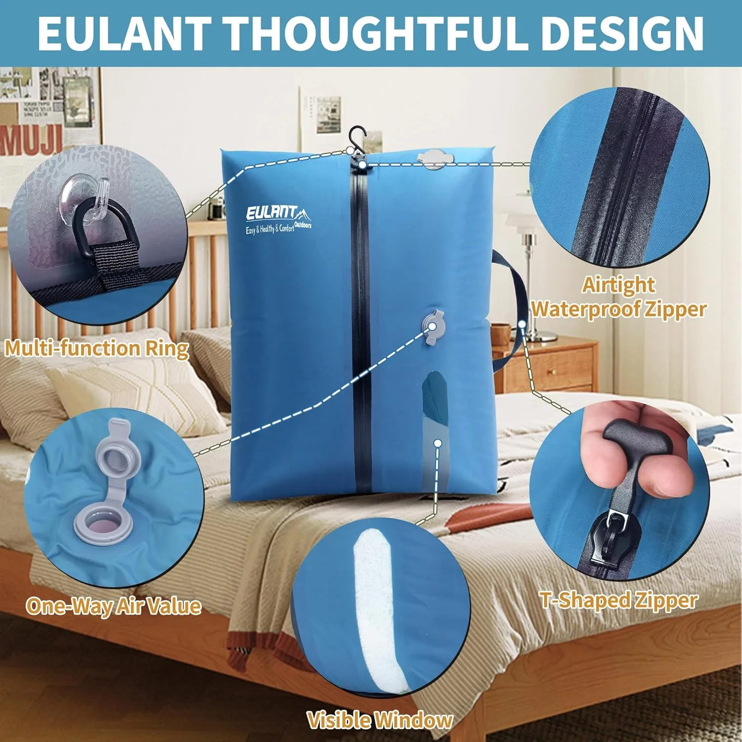 EULANT Reusable Vacuum Bags for Travel,Waterproof Professional IP67 Reusable Vacuum Compression Bags for Backpack Travel and business trip Space Saver Bags