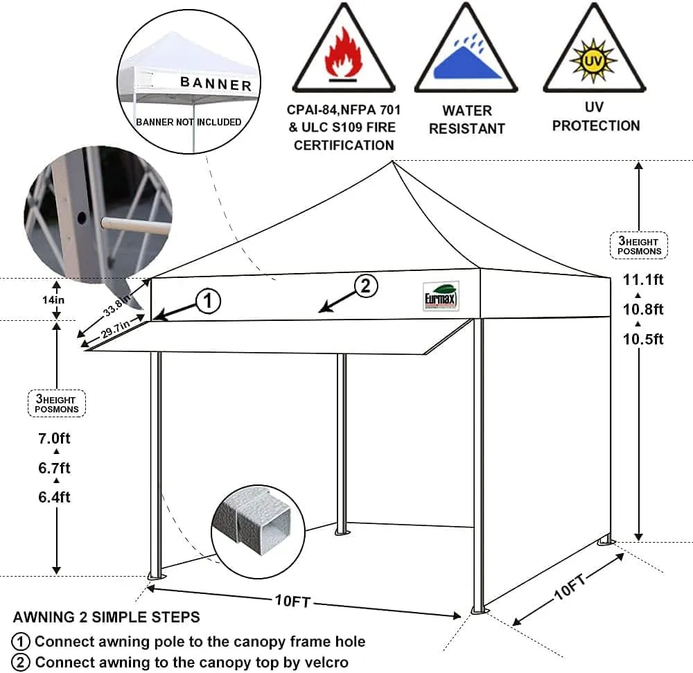 Eurmax USA 10 x 10 Pop up Canopy Commercial Tent Outdoor Party Canopies with 4 Removable Zippered Sidewalls and Roller Bag Bonus 4 Canopy Sand Bags & 24 Squre Ft Extended Awning(White)