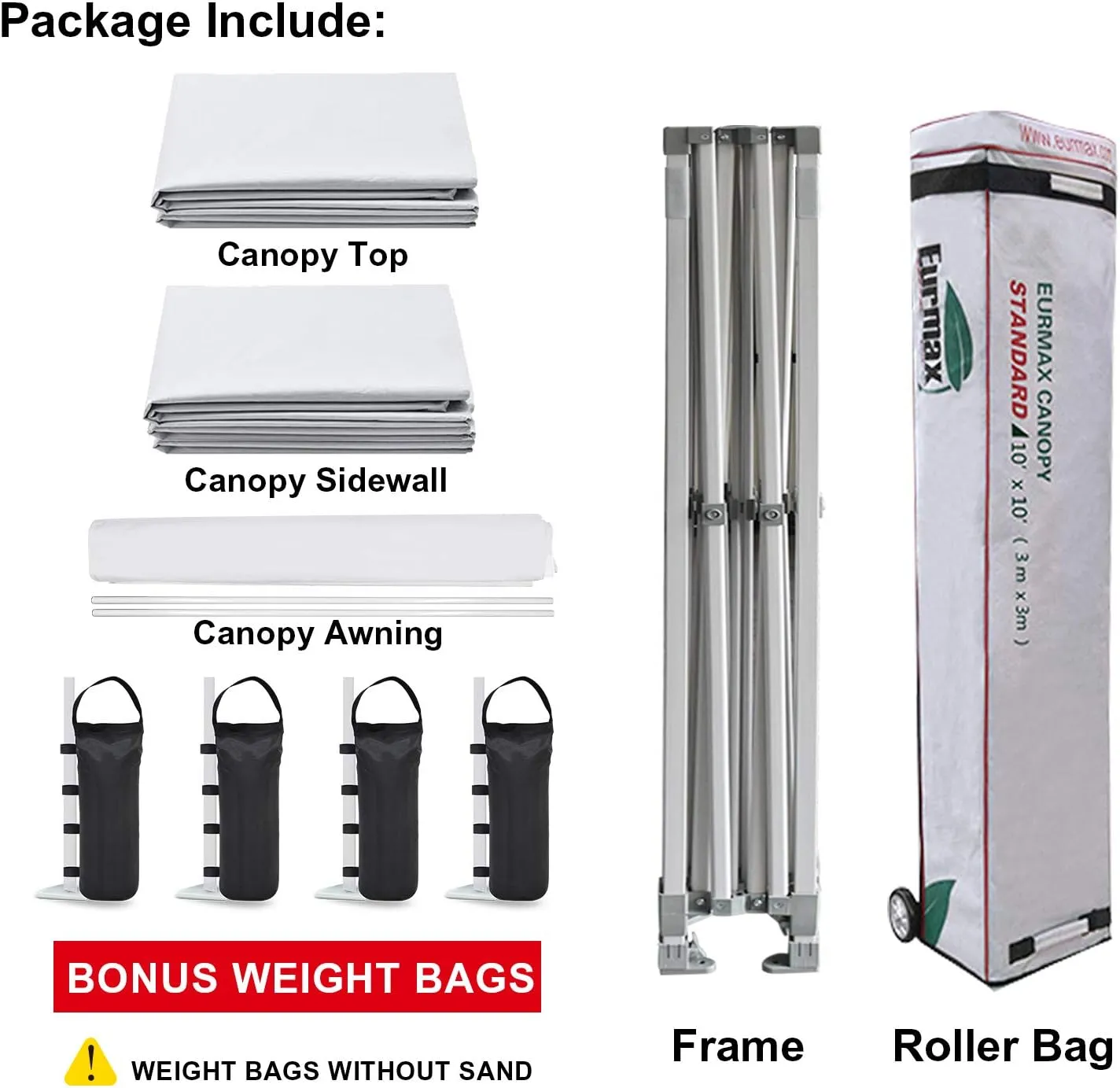 Eurmax USA 10 x 10 Pop up Canopy Commercial Tent Outdoor Party Canopies with 4 Removable Zippered Sidewalls and Roller Bag Bonus 4 Canopy Sand Bags & 24 Squre Ft Extended Awning(White)