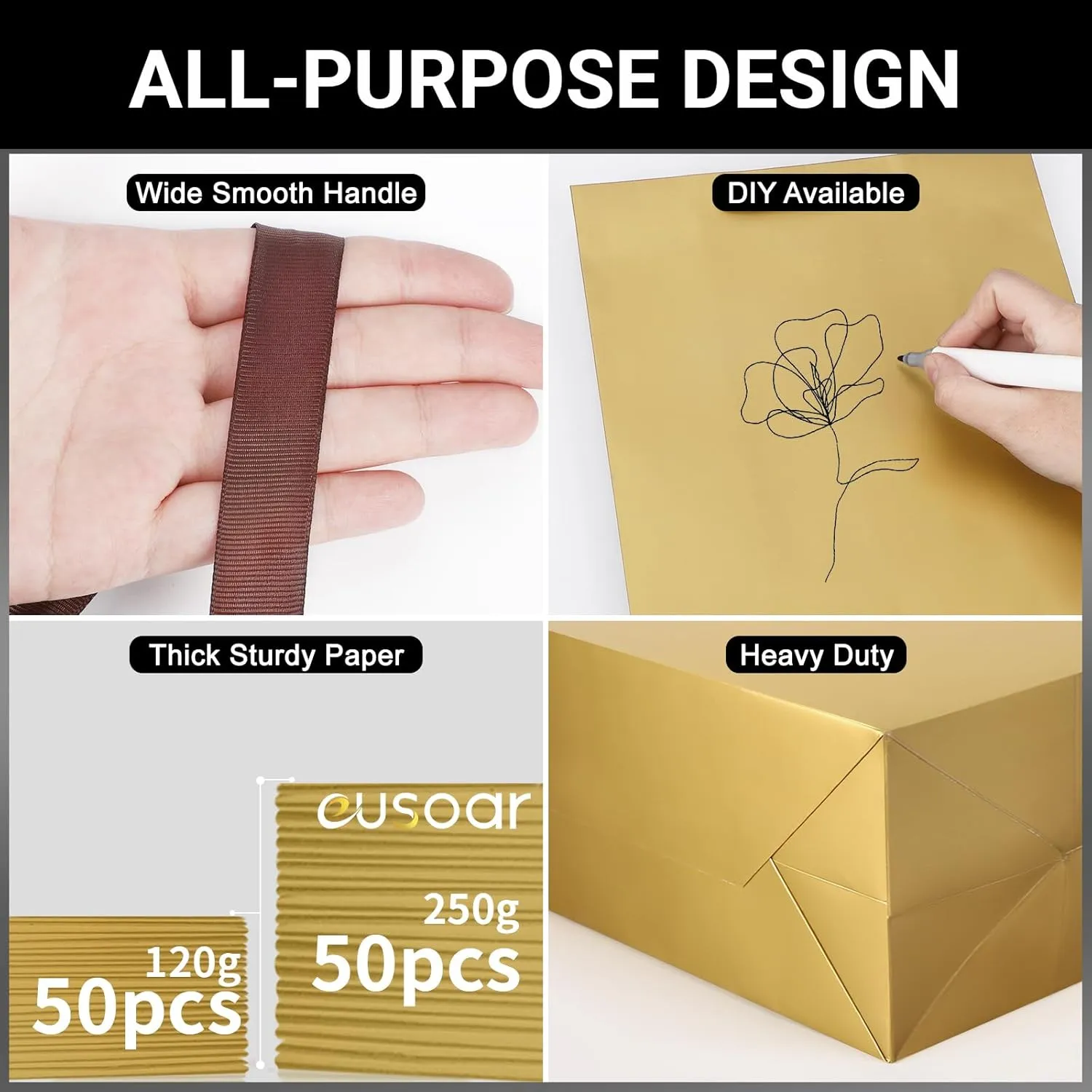 EUSOAR Paper Gift Bags with Handles, 50pcs 9.8"x5.1"x12.6" Gold Kraft Gift Wrap Bags, Merchandise Business Retail Grocery Shopping Wrapping Wedding Party Favor Thank You Gift Bags Sacks