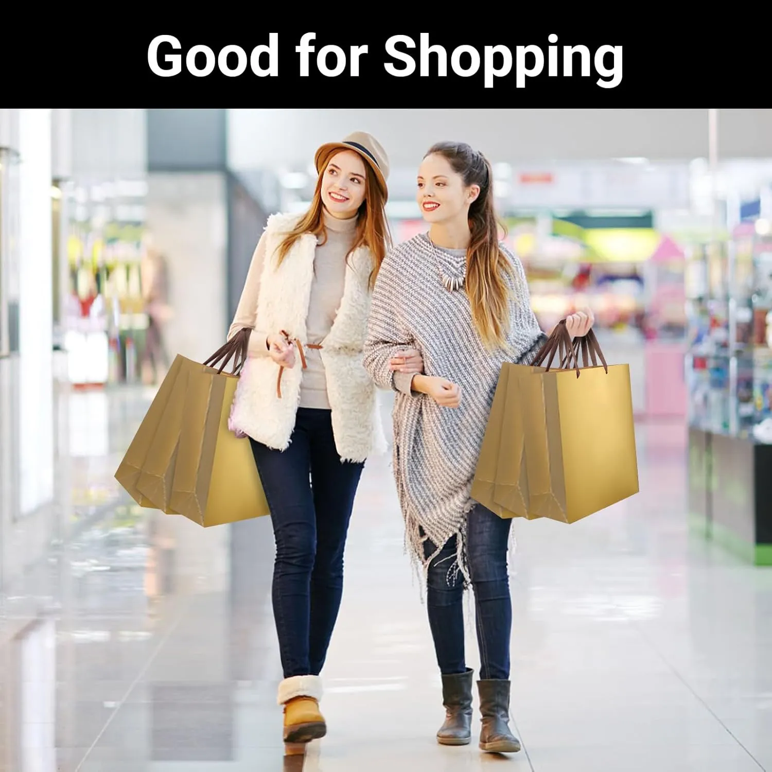 EUSOAR Paper Gift Bags with Handles, 50pcs 9.8"x5.1"x12.6" Gold Kraft Gift Wrap Bags, Merchandise Business Retail Grocery Shopping Wrapping Wedding Party Favor Thank You Gift Bags Sacks