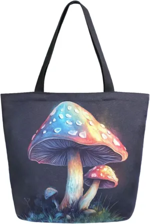 Extra Large Shoulder Gym Tote Bag, Rainbow Colors Poisonous Mushroom Black Canvas Handle Bag for Yoga Weekender Picnic Beach Travel Kitchen Reusable Market Grocery Shopping