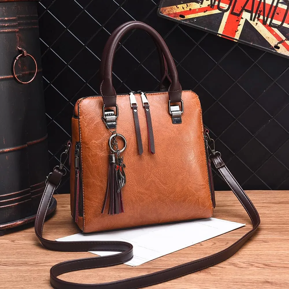 Fashion Retro Double Handle Satchel Handbag for Women Leather Crossbody Purse Top Handle Shoulder Bag Totes (Black)