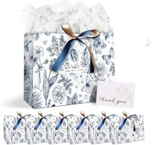 FAYEVIVI Large Gift Bags with Tissue Paper - Vintage Floral Present Bag with Thank You Card and Ribbon, for Birthday, Mother’s Day, Party or Retail Use (10pcs,With Text)