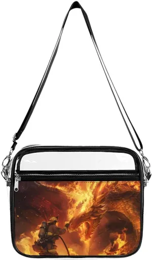 Firefighter Fighting Against Flames Dragon Large Clear Stadium Bag Clear Mini Messenger Bags with 2 Compartments Crossbody Bag