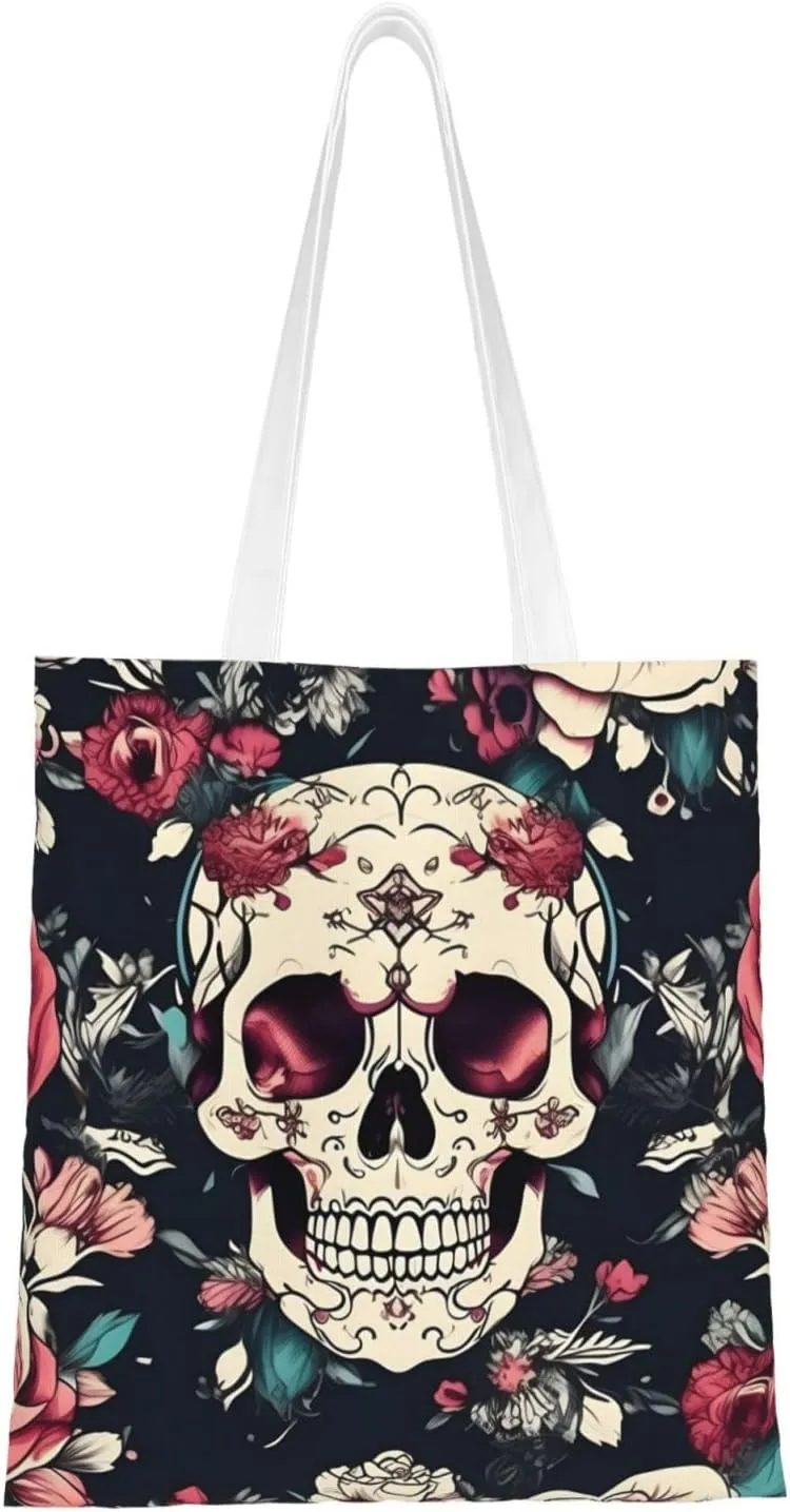 Flowers Skull Ornamental Pattern Print Canvas Tote Bag Reusable Shoulder Shopping Bags For Daily Use Shopping Travel