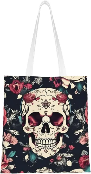 Flowers Skull Ornamental Pattern Print Canvas Tote Bag Reusable Shoulder Shopping Bags For Daily Use Shopping Travel