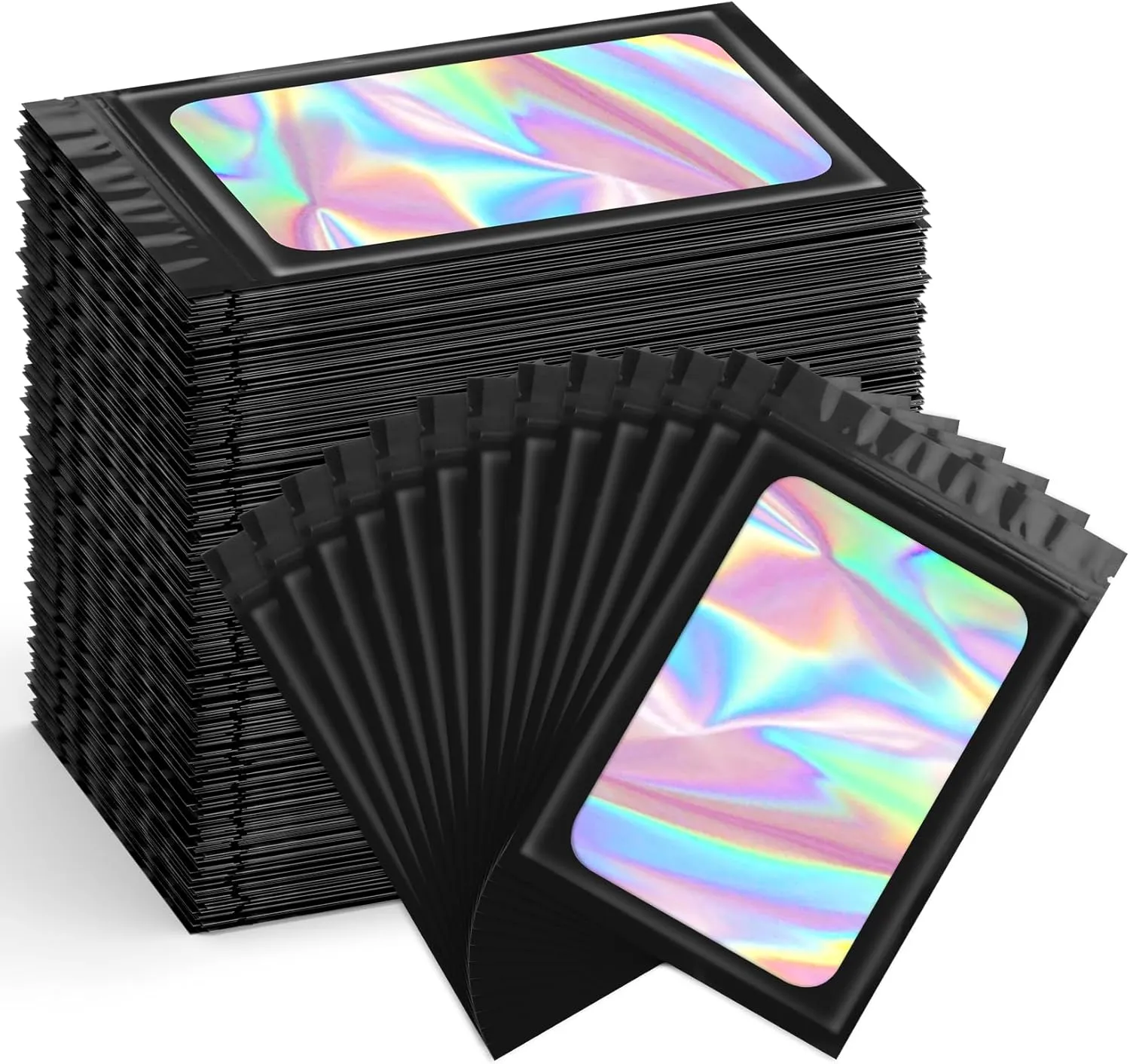 Funfery 300 Pack Smell Proof Resealable Bags for Food Storage,Holographic Bags 4.7x7.9 Black Mylar Clear Packaging Bag- Scent Proof for Cookies, Zip Foil Pouch for Small Business
