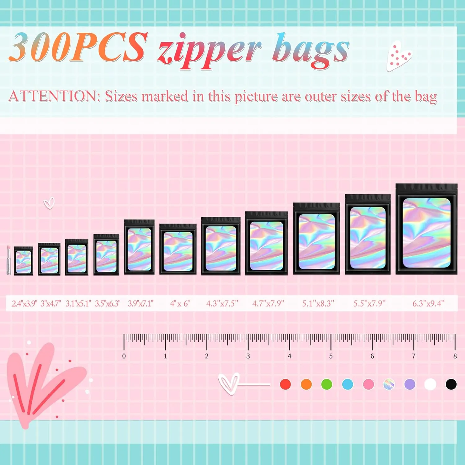 Funfery 300 Pack Smell Proof Resealable Bags for Food Storage,Holographic Bags 4.7x7.9 Black Mylar Clear Packaging Bag- Scent Proof for Cookies, Zip Foil Pouch for Small Business