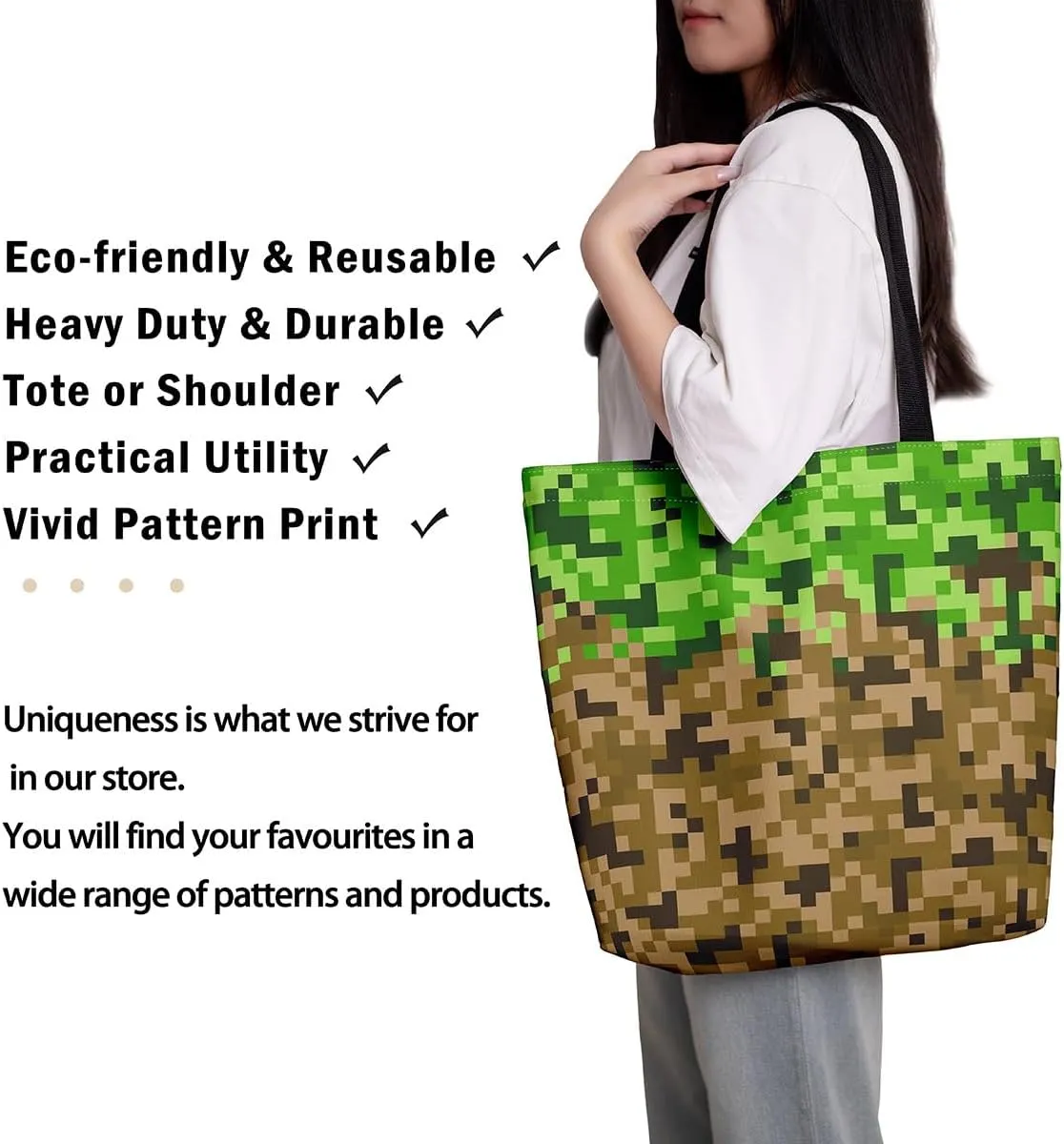 Gamer Aesthetic Canvas Tote Bag,Miner Video Games Reusable Tote Shoulder Bag Casual Bag for Shopping, Work, Gym