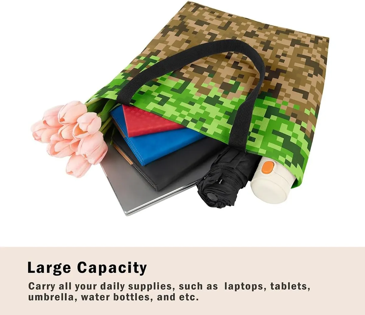 Gamer Aesthetic Canvas Tote Bag,Miner Video Games Reusable Tote Shoulder Bag Casual Bag for Shopping, Work, Gym