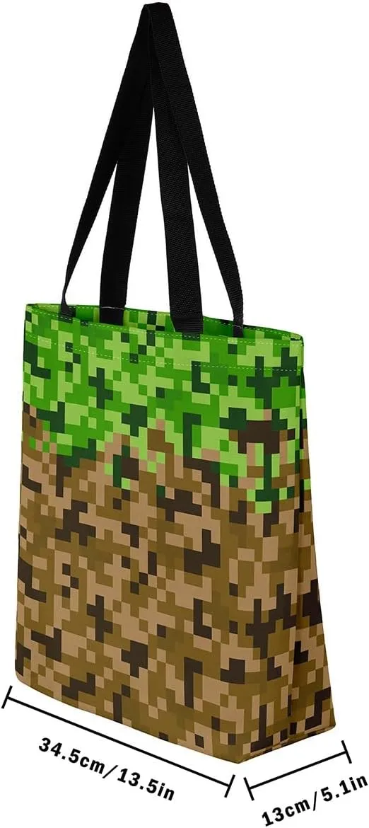 Gamer Aesthetic Canvas Tote Bag,Miner Video Games Reusable Tote Shoulder Bag Casual Bag for Shopping, Work, Gym
