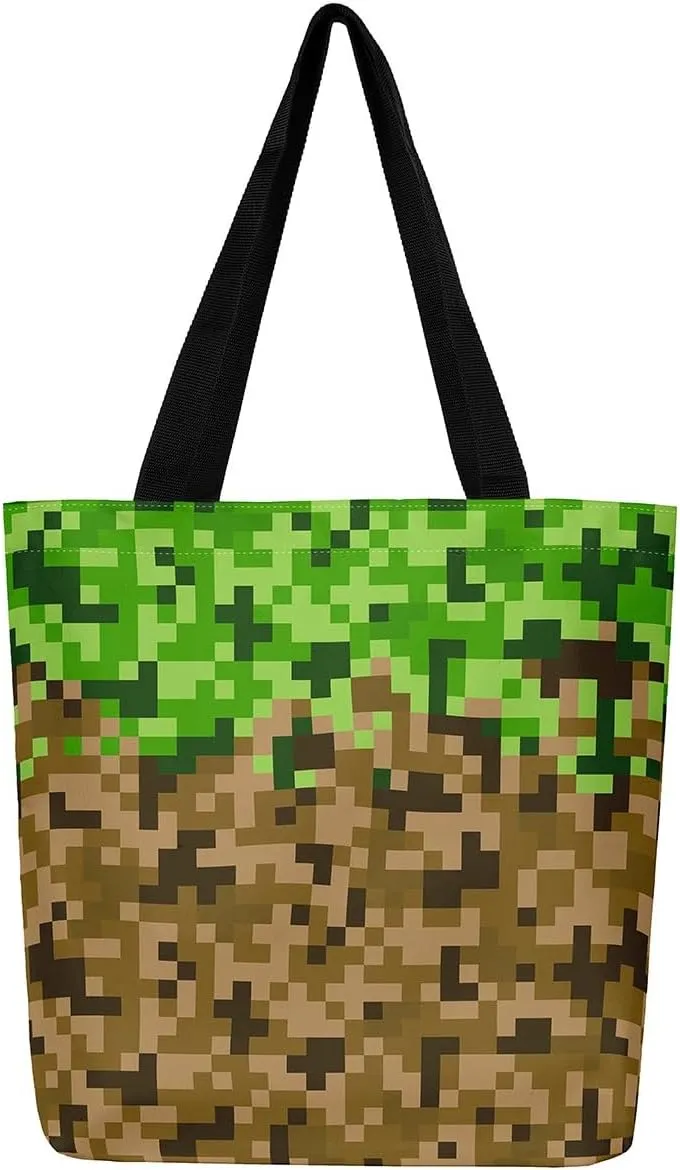 Gamer Aesthetic Canvas Tote Bag,Miner Video Games Reusable Tote Shoulder Bag Casual Bag for Shopping, Work, Gym