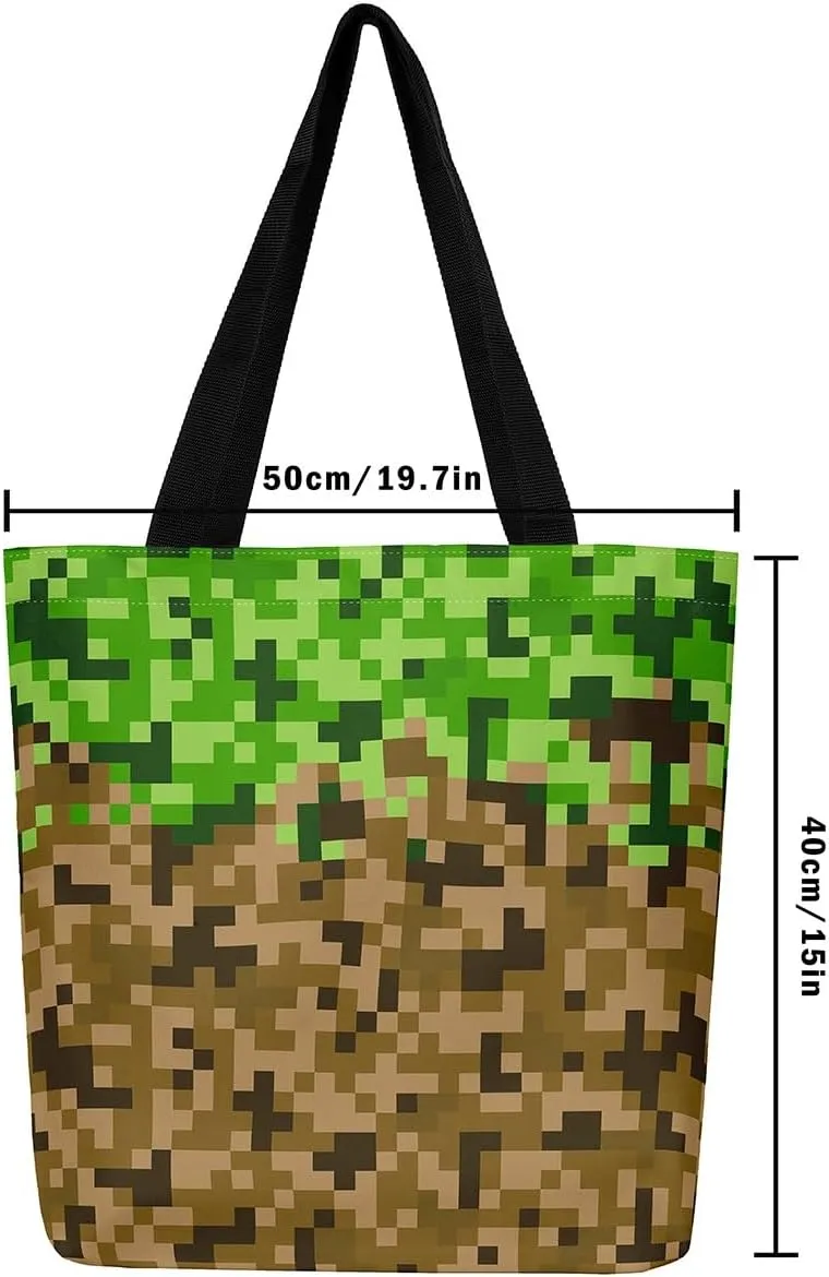 Gamer Aesthetic Canvas Tote Bag,Miner Video Games Reusable Tote Shoulder Bag Casual Bag for Shopping, Work, Gym