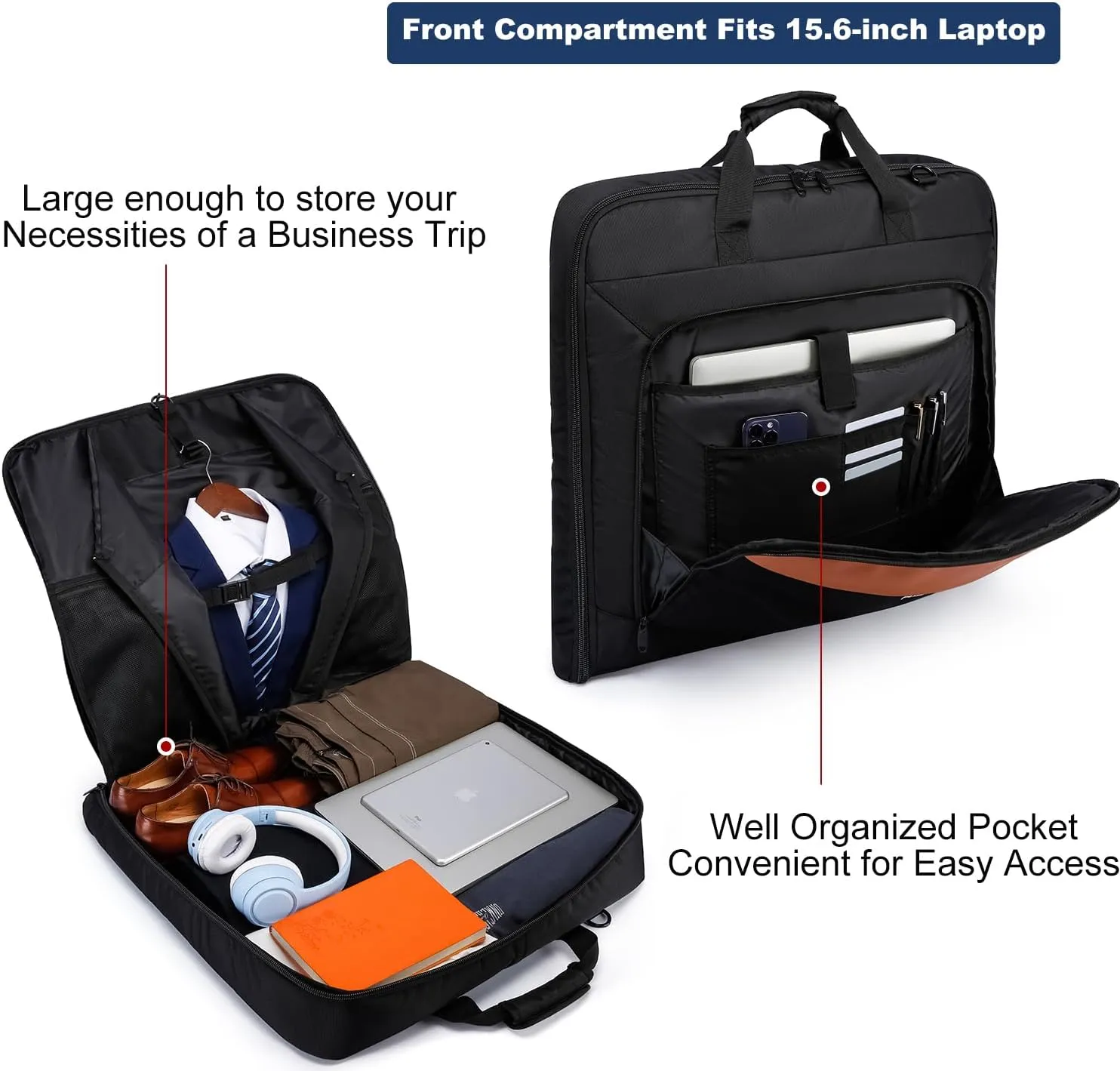 Garment Bag Travel Suit Bag for Men Large 40-Inch Carry on Garment Bag Up to 3 Suits for Business Trips,2 in 1 Hanging Suitcase Luggage Bags for Travel,Foldable Carry On Bag Fits 15.6Inch Laptop,Black