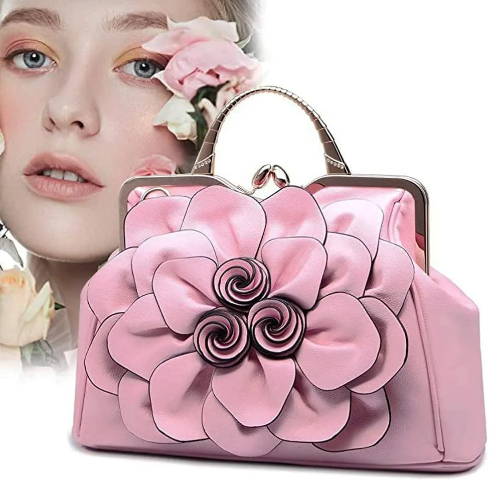 Genuine Leather Handbags Women 3D Floral Tote Bags Kiss Lock Purse Top Handle Handbag Evening Bag Shoulder Bag Satchel