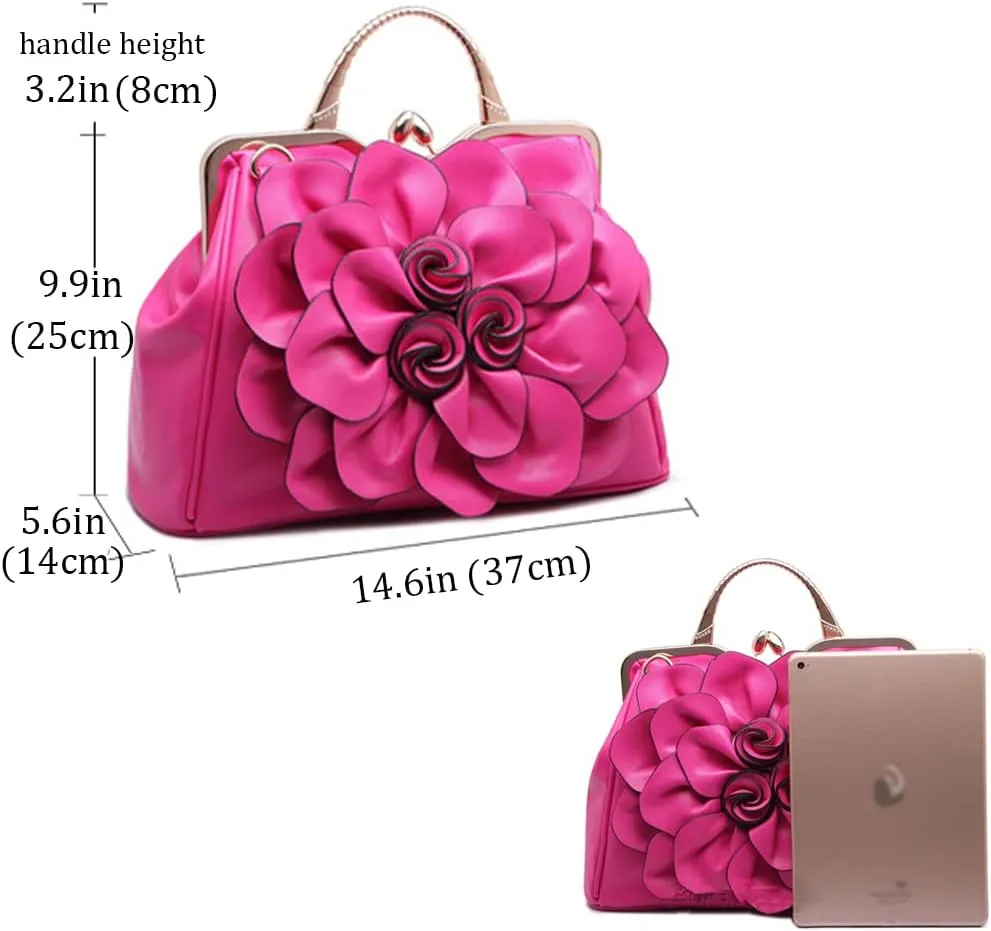 Genuine Leather Handbags Women 3D Floral Tote Bags Kiss Lock Purse Top Handle Handbag Evening Bag Shoulder Bag Satchel