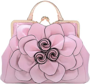 Genuine Leather Handbags Women 3D Floral Tote Bags Kiss Lock Purse Top Handle Handbag Evening Bag Shoulder Bag Satchel