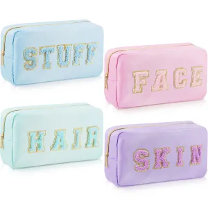 Giesiery 4 Pcs Preppy Makeup Bags Chenille Letter Nylon Cosmetic Bags Face Skin Hair Stuff Toiletry Bags for Home, Beach, Travel, Gym, Office Stuff Storage (Mixed Colors)
