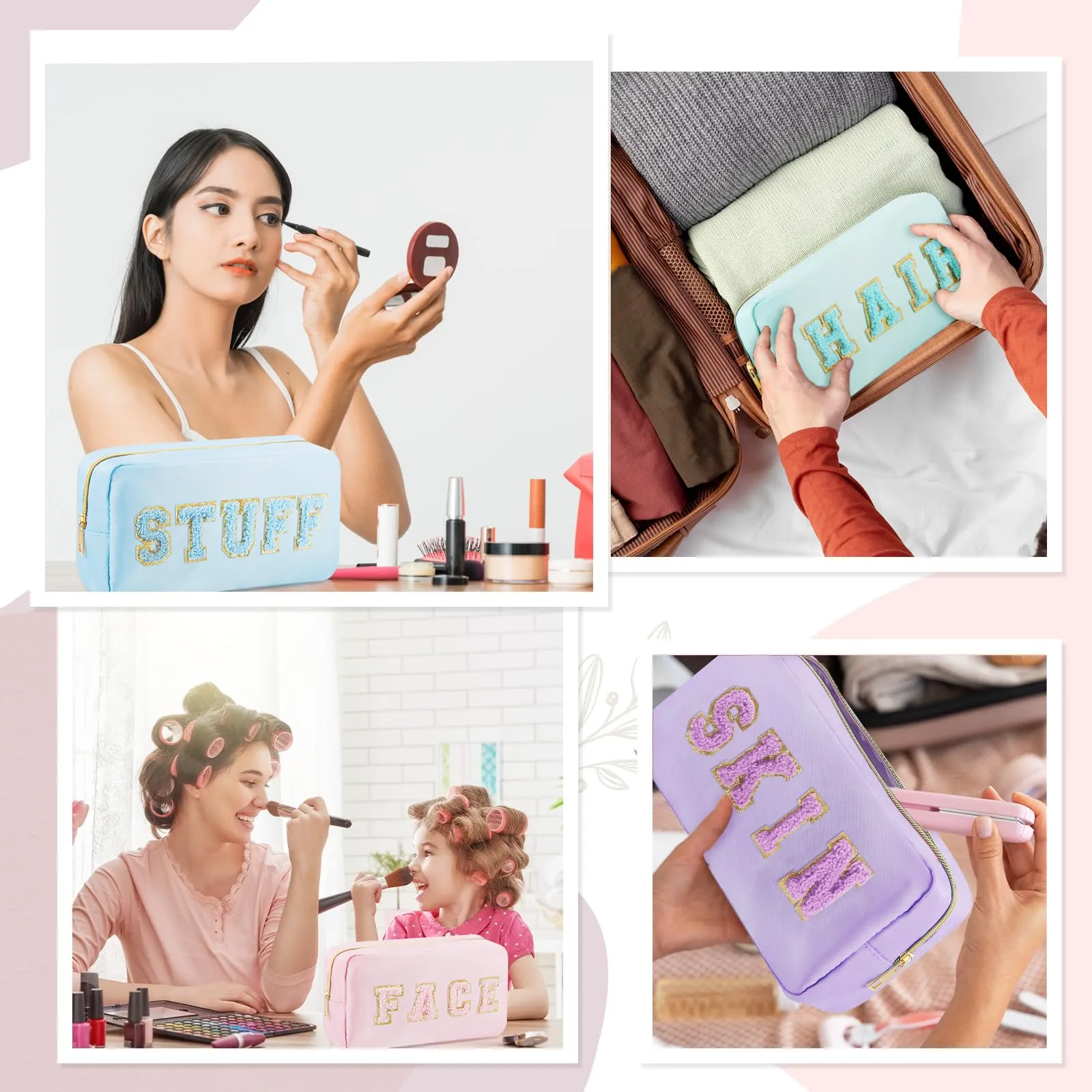 Giesiery 4 Pcs Preppy Makeup Bags Chenille Letter Nylon Cosmetic Bags Face Skin Hair Stuff Toiletry Bags for Home, Beach, Travel, Gym, Office Stuff Storage (Mixed Colors)