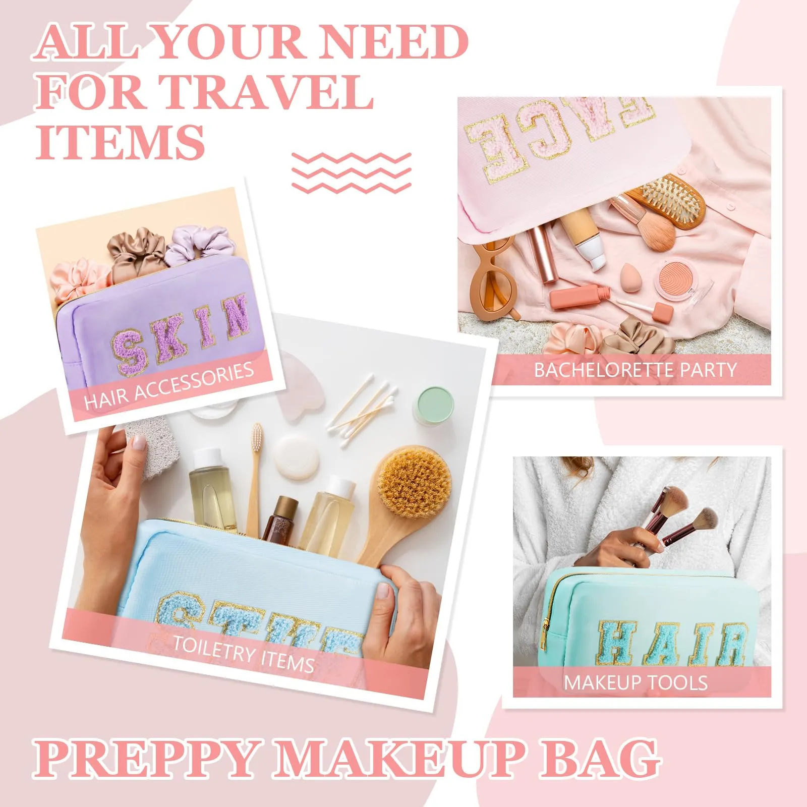 Giesiery 4 Pcs Preppy Makeup Bags Chenille Letter Nylon Cosmetic Bags Face Skin Hair Stuff Toiletry Bags for Home, Beach, Travel, Gym, Office Stuff Storage (Mixed Colors)