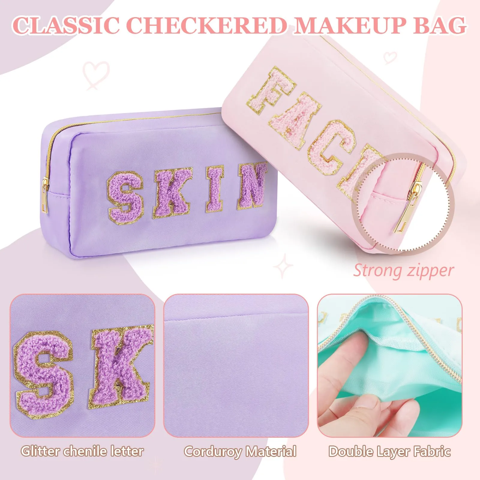 Giesiery 4 Pcs Preppy Makeup Bags Chenille Letter Nylon Cosmetic Bags Face Skin Hair Stuff Toiletry Bags for Home, Beach, Travel, Gym, Office Stuff Storage (Mixed Colors)