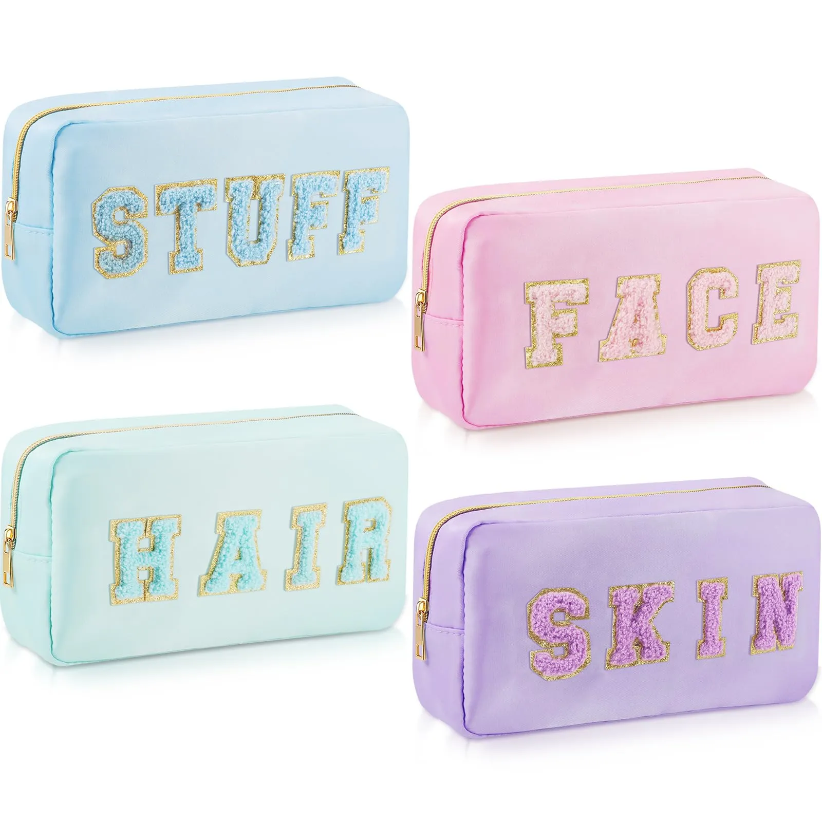 Giesiery 4 Pcs Preppy Makeup Bags Chenille Letter Nylon Cosmetic Bags Face Skin Hair Stuff Toiletry Bags for Home, Beach, Travel, Gym, Office Stuff Storage (Mixed Colors)