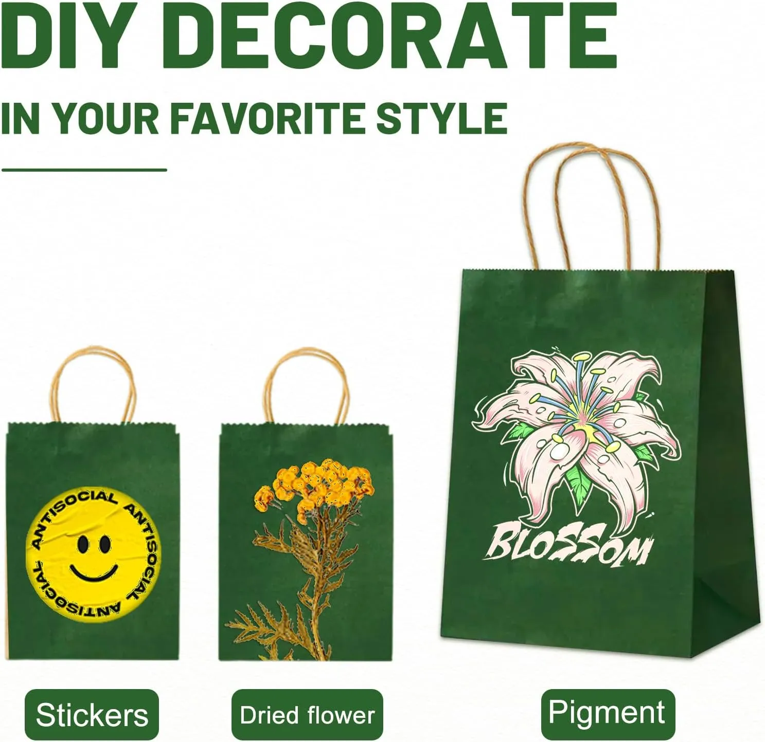 Gift Bags 8.25"x5.9 "x3.15" 100Pcs Paper Bags with Handles,kraft paper Bags for Small Business Christmas Bulk Bags, Wedding Party Favor Bags,Shopping Lunch Bags, Halloween Trick-or-Treat Bags (Green)