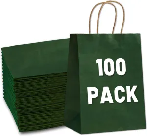 Gift Bags 8.25"x5.9 "x3.15" 100Pcs Paper Bags with Handles,kraft paper Bags for Small Business Christmas Bulk Bags, Wedding Party Favor Bags,Shopping Lunch Bags, Halloween Trick-or-Treat Bags (Green)