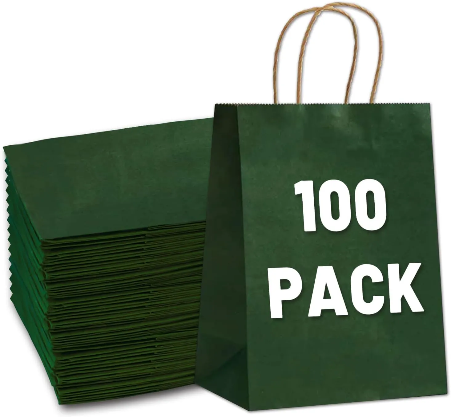 Gift Bags 8.25"x5.9 "x3.15" 100Pcs Paper Bags with Handles,kraft paper Bags for Small Business Christmas Bulk Bags, Wedding Party Favor Bags,Shopping Lunch Bags, Halloween Trick-or-Treat Bags (Green)