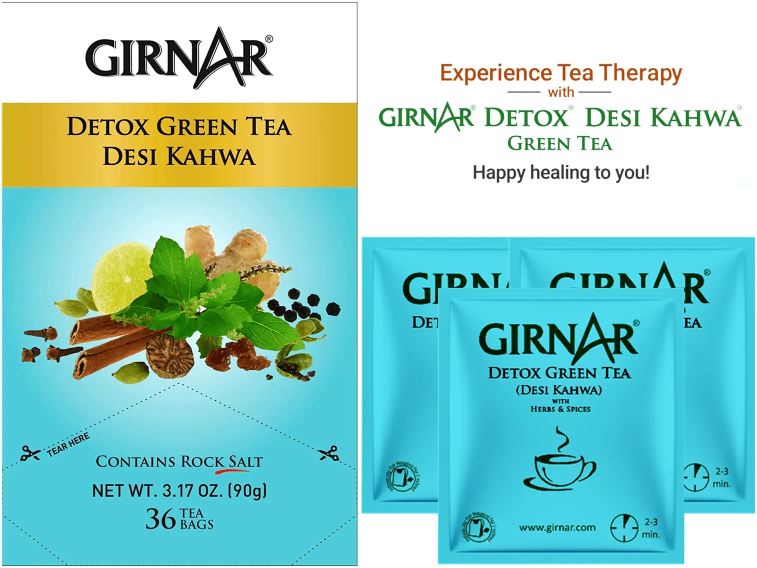 Girnar Green Tea Bags - Detox / Desi Kahwa (Pack of 3)