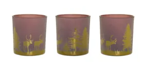 Glass Tea Light Holder with Woodland Scene (Set of 3)