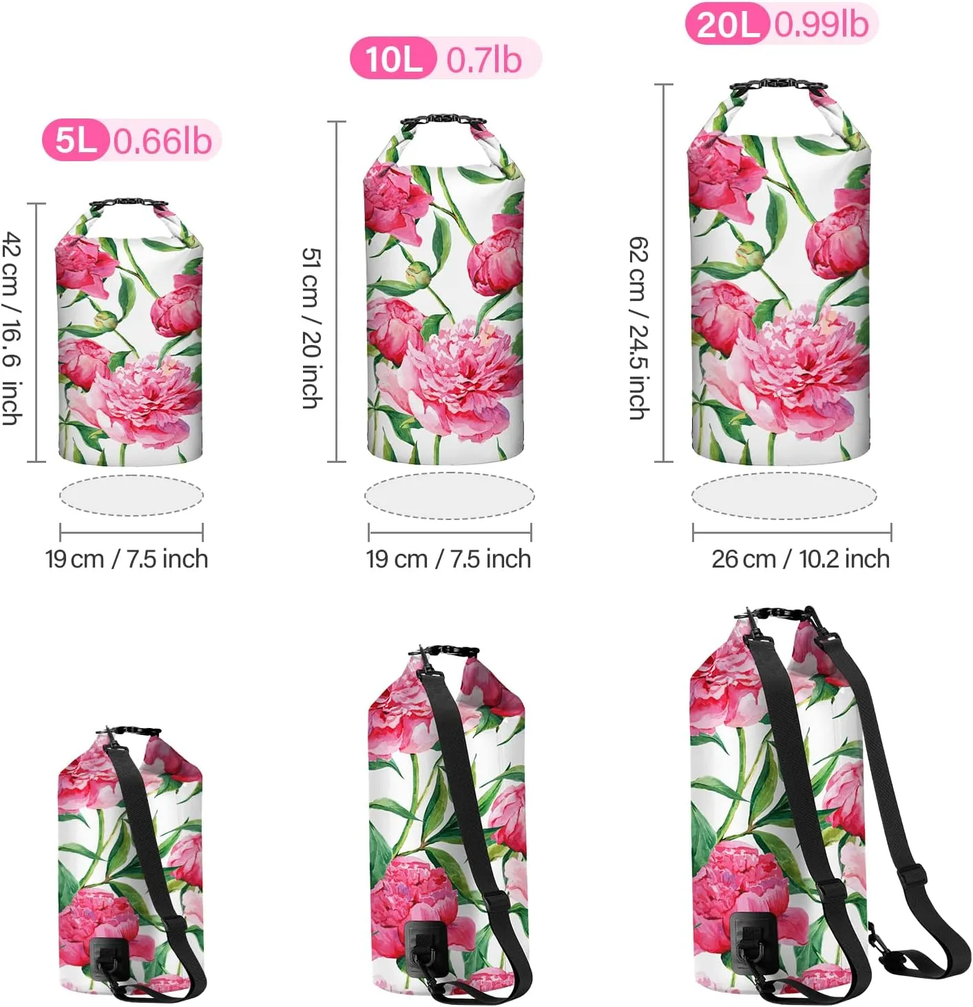 Goosehill Waterproof Dry Bag 5L 10L 20L, Floral Pattern with Durable Plato 500D PVC Material, Floating Roll Top Waterproof Bag for Kayaking Paddleboard Rafting Boating Swimming Camping, 2 STRAP