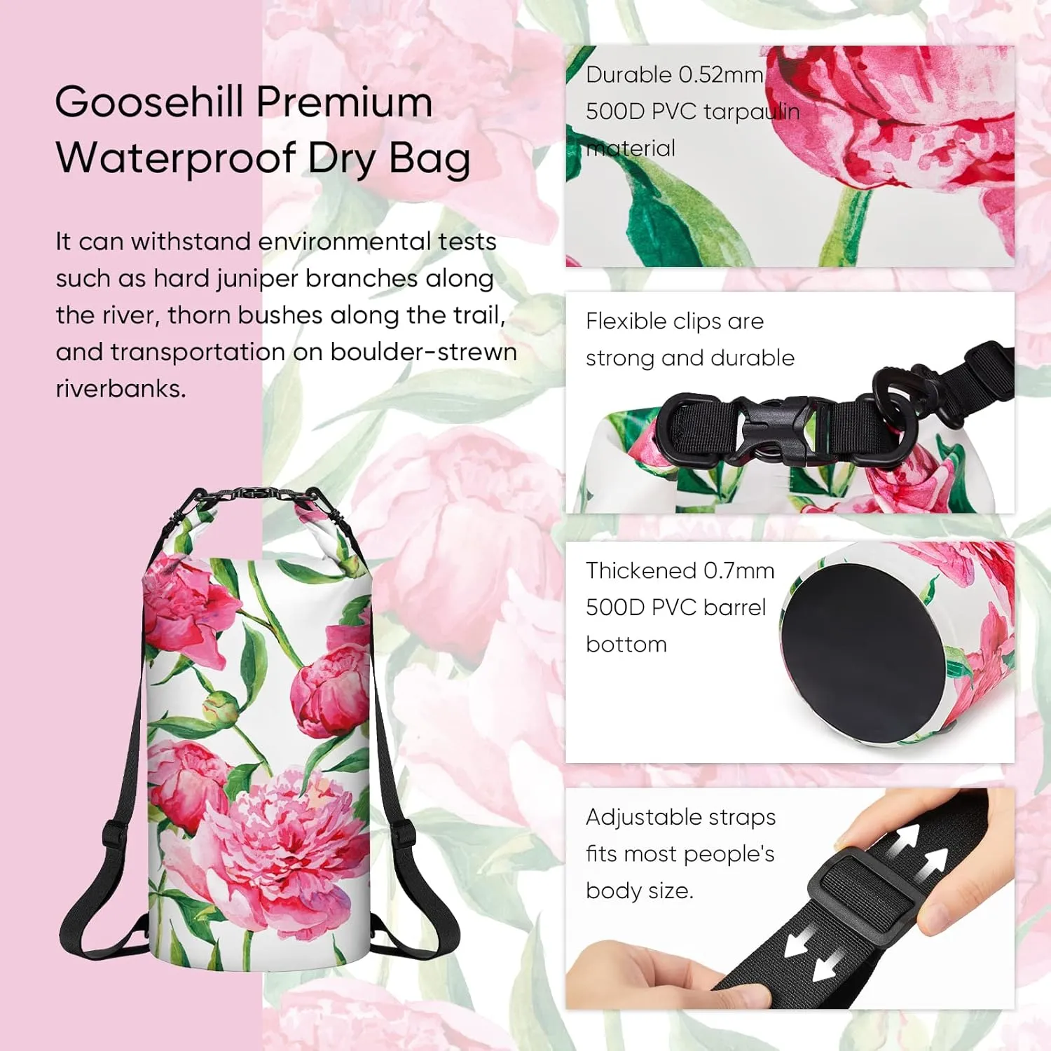 Goosehill Waterproof Dry Bag 5L 10L 20L, Floral Pattern with Durable Plato 500D PVC Material, Floating Roll Top Waterproof Bag for Kayaking Paddleboard Rafting Boating Swimming Camping, 2 STRAP