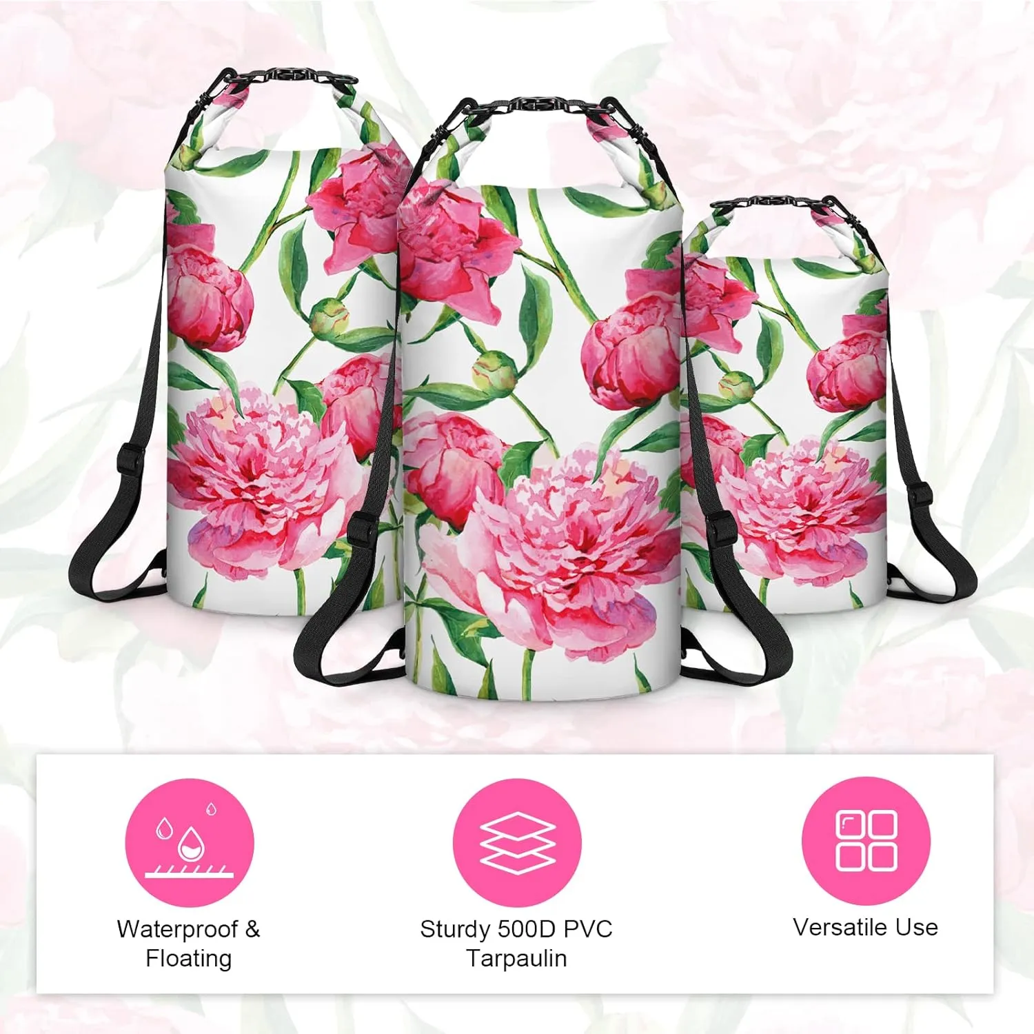 Goosehill Waterproof Dry Bag 5L 10L 20L, Floral Pattern with Durable Plato 500D PVC Material, Floating Roll Top Waterproof Bag for Kayaking Paddleboard Rafting Boating Swimming Camping, 2 STRAP