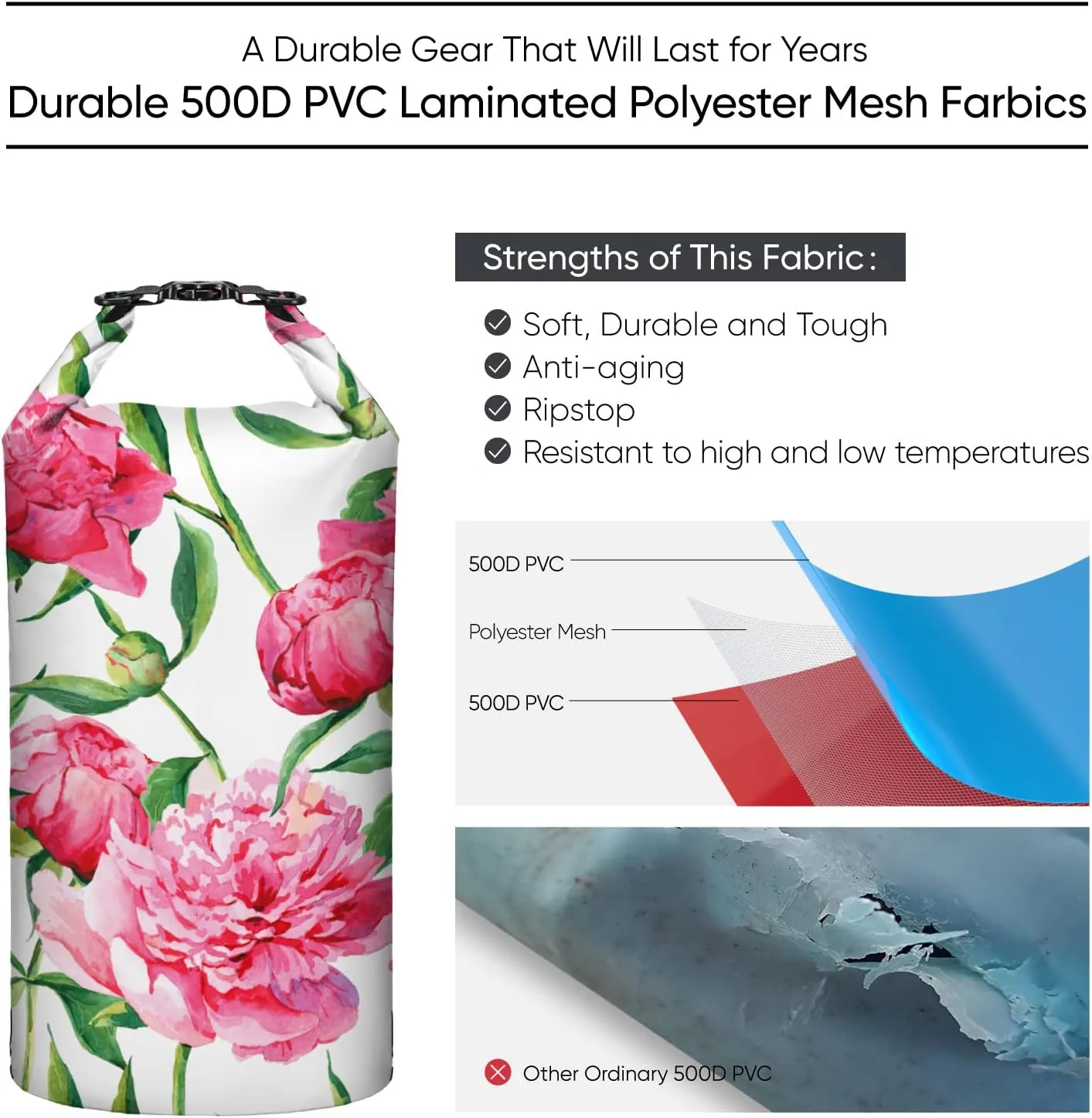 Goosehill Waterproof Dry Bag 5L 10L 20L, Floral Pattern with Durable Plato 500D PVC Material, Floating Roll Top Waterproof Bag for Kayaking Paddleboard Rafting Boating Swimming Camping, 2 STRAP