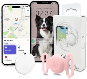GPS Tracker for Dogs, Mini GPS Cat Tracker, IPX8 Waterproof GPS Tracker for Cats with Holder, No Monthly Fee, Work with Apple Find My(iOS Only), Smart Tracker for Dogs Finder Tracker Pets(Pink)