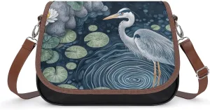 Grey Heron Lotus-Flower Pond Crossbody Bags for Women Shoulder Bag Flap Handbags Leather Cross Body Purse